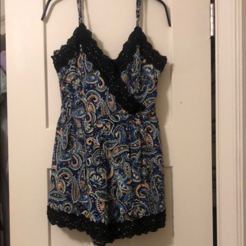 Very J Blue Paisley Lace Trim Romper
